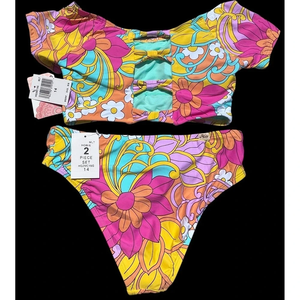 Hobie Girls 2 Piece Top & Bottom Bikini Floral Bathing Suit Swimsuit Size 16